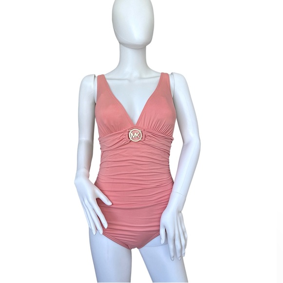 NWOT Michael Kors Women's Logo Ring Shirred Maillot One-Piece baby pink size 6 - Picture 2 of 6